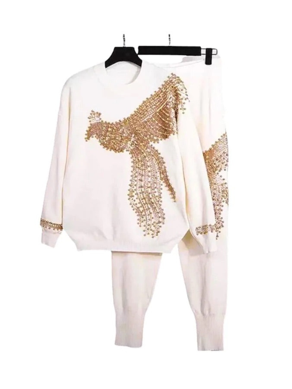 Cream Sweater and Joggers Set with Gold Sequin Bird Design